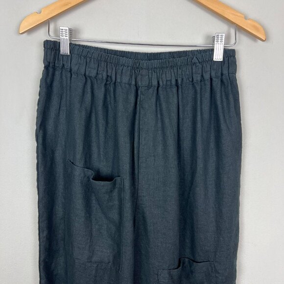 Linen Pants Womens Large Black Lagenlook Minimalist Straight Leg Cropped Stretch - Picture 2 of 15